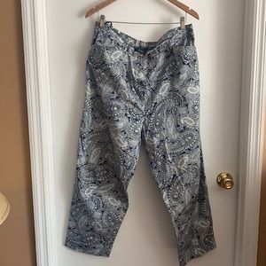 Navy and white paisley pants